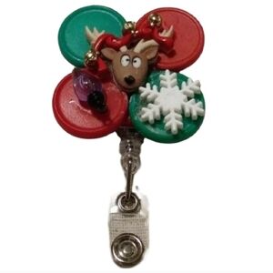 Christmas Reindeer Badge Reel with Snowflake & Bulb - Artisan Holiday ID Holder
